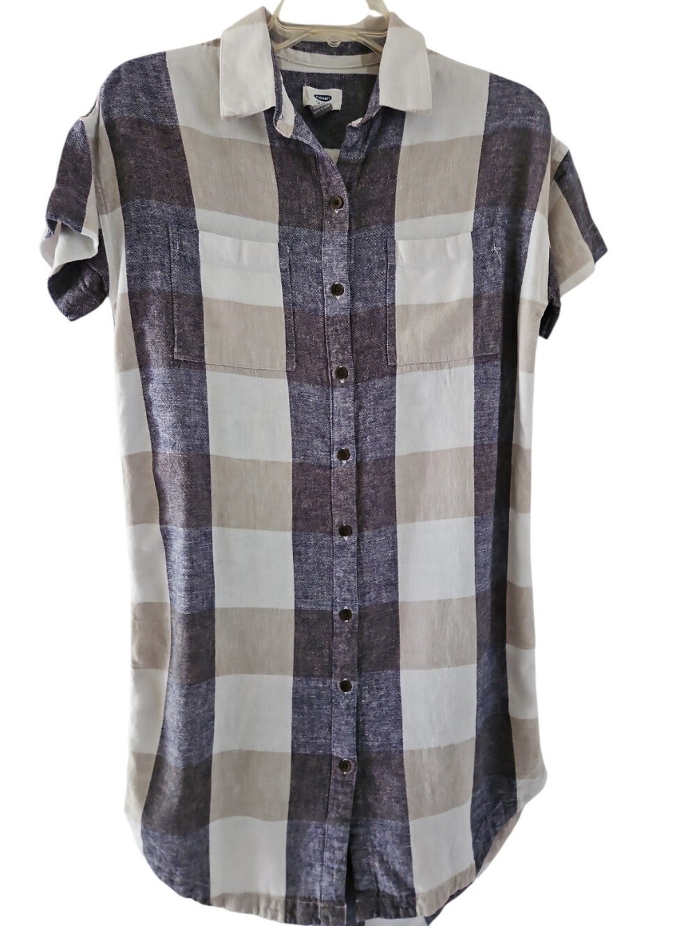 Old Navy Shirt Dress Size S Tall Button Ftont Neutral Pockets Buffalo Plaid